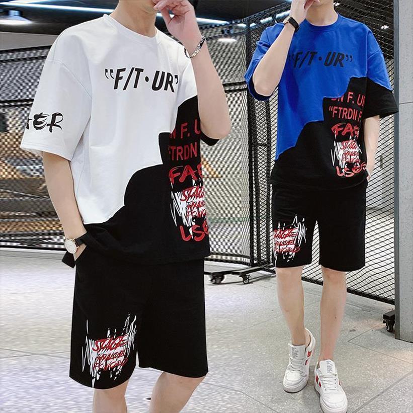 

summer short sleeved mens tracksuit t shirt sports suit all matching korean style of trend handsome casual five point shorts, Gray