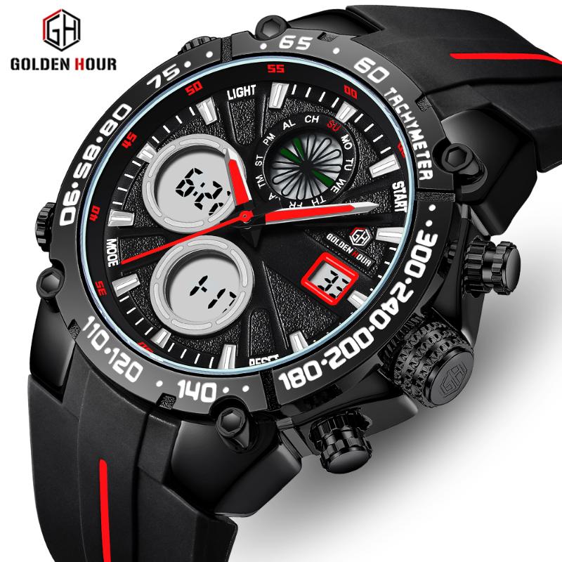 

Wristwatches 2021 GOLDENHOUR Men Watch Top Brand Fashion Dual Display Chronograph Waterproof Male Clock Relogio Masculino, Slivery;brown