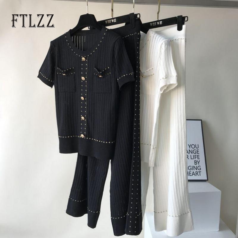 

Fashion Women Casual Sportsuit Two Piece Suit Autumn Female Pullover Short Sleeve Knit Shirt+wide Leg Pants Outfit 210602