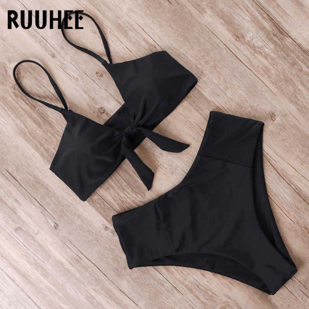 

2021ruuhee bikini swimwear women swimsuit 2021 high waist bikini set push up front knot bathing suit women summer beach wear biquini, White;black