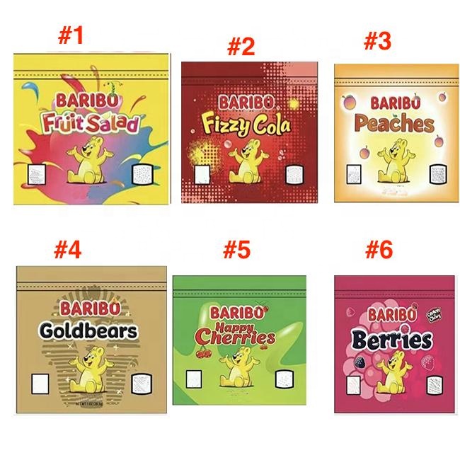 

2021 Empty 600mg Baribo Bags resealable edibles Goldbears Happy Cherries Berries Fruit Salad Fizzy Cola Peaches Mylar Packaging Bag