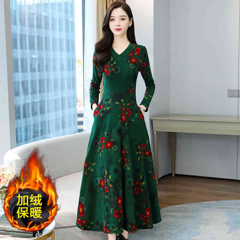 

Women's Blouses & Shirts Autumn Velvet Thick Long Dress Women Korean V-Neck Print Sleeve Big Pendulum Dresses Ladies Plus Size M-4, Green