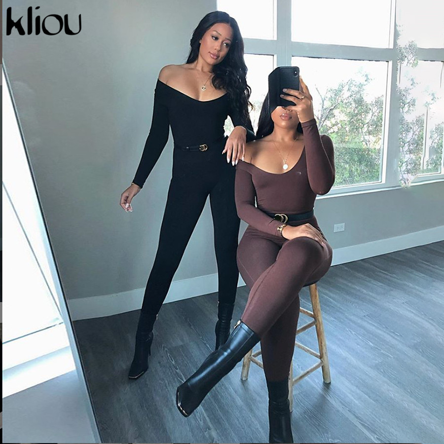 

2021kliou autumn solid stretchy bodycon jumpsuits women slim casual skinny streetwear active fitness sporty work out rompers, Black;white