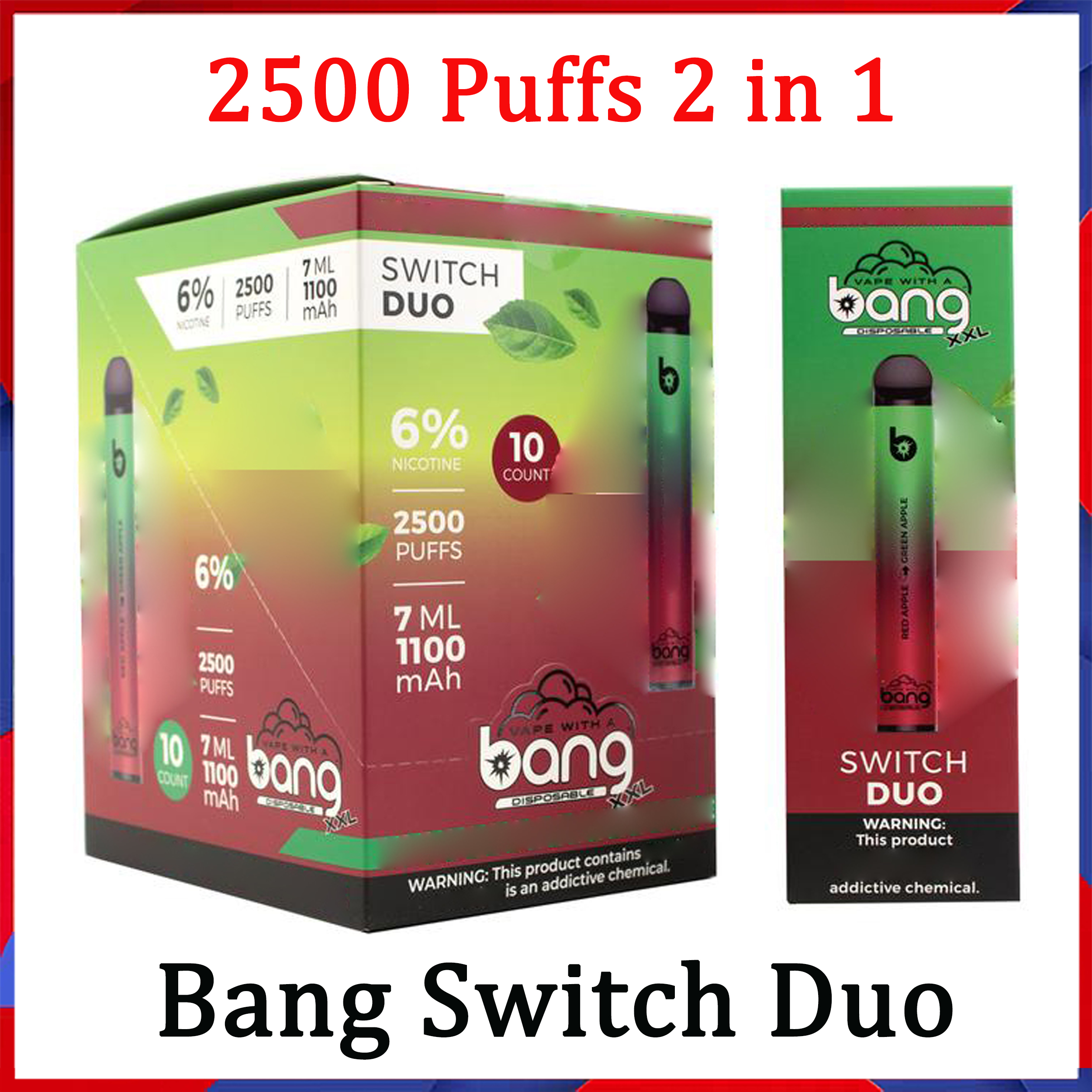 

Newest Bang XXL Switch Duo Disposable Vapes Pen Device Pod E Cigarette Kit 2500 Puffs 7ml 1100mAh 6% Oil Pods