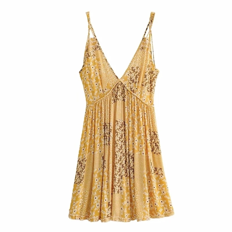 

women Summer dress Casual yellow v-neck ruffled floral printed A-line mini Female summer pleated 210524