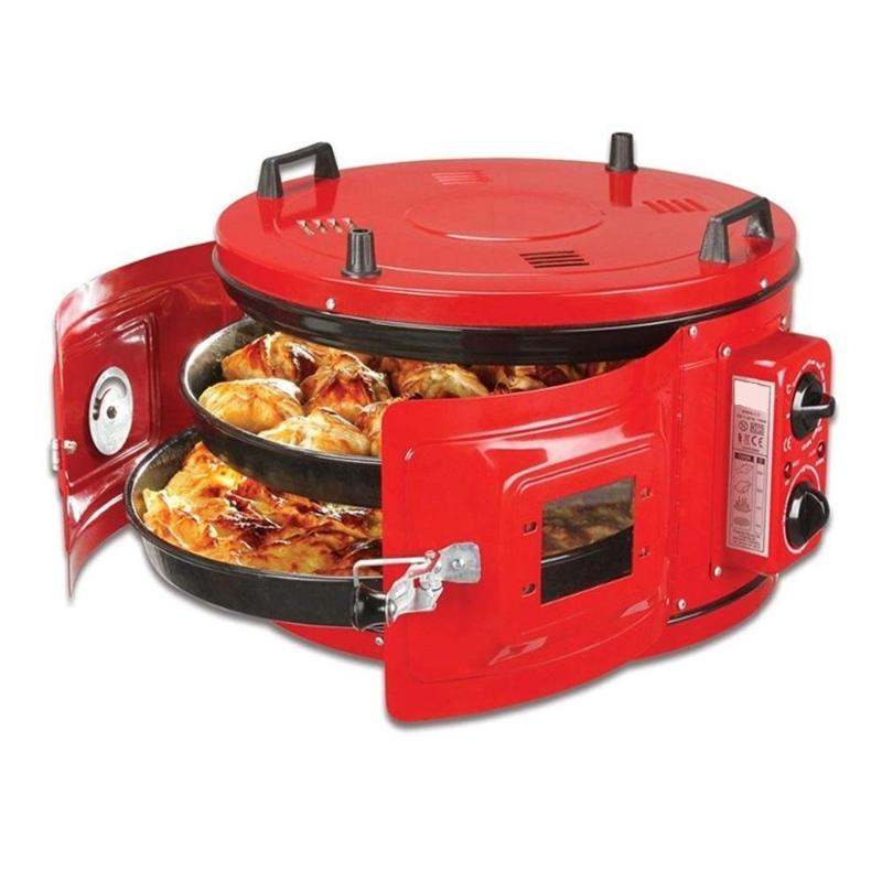 

Electric Ovens RED COLOR Commercial Round Countertop 220V Drum Oven Bakery Pastry Snack Cookie Roaster Pizza Multipurpose 2xPan Included