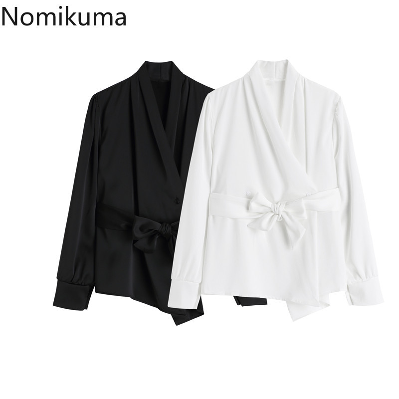 Nomikuma Bow Bandage Slim Waist Women Blouses Korean Elegant Long Sleeve V-neck Shirt Spring New Solid Blusas Femme 6F568 210427