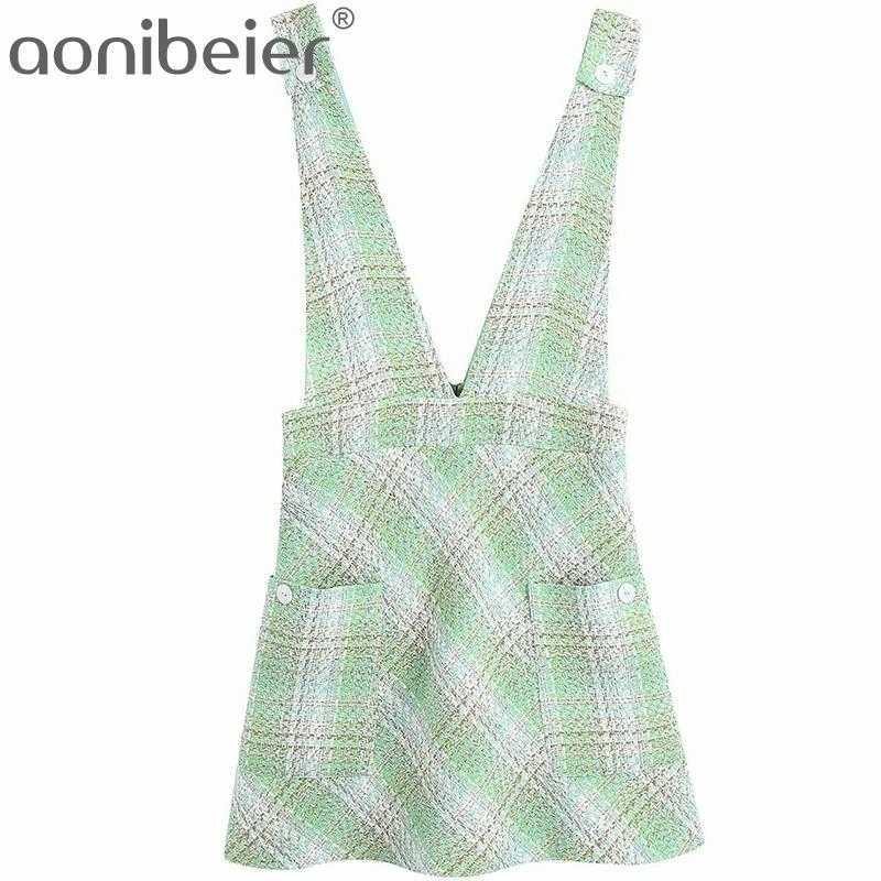 

Tweed Blended Women High Waist Mini Plaid Dress Spring Summer Sleeveless Pockets Deep V Neck Textured Checked 210604