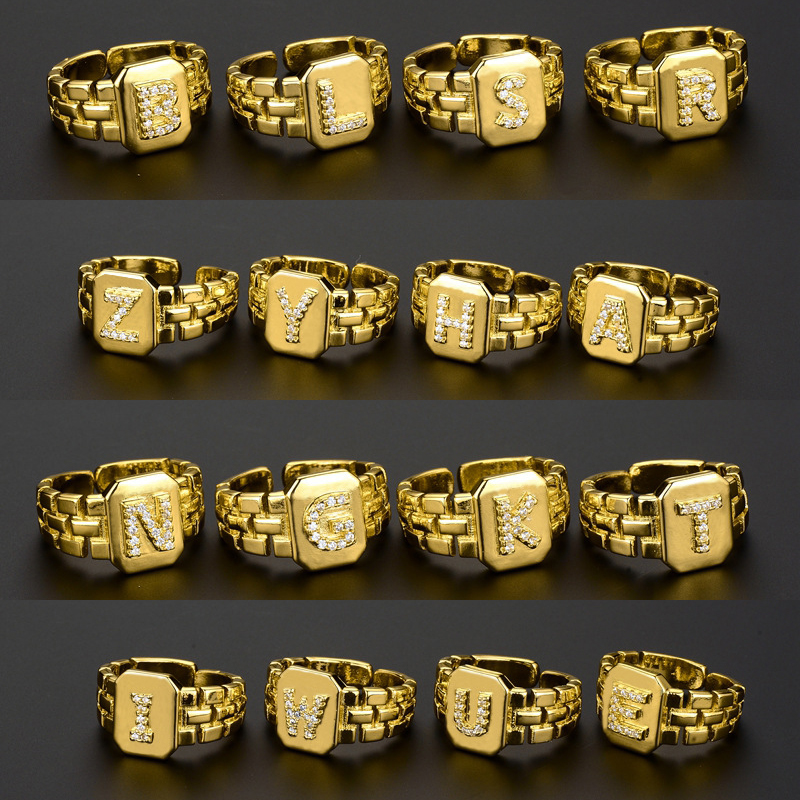 

Fashion Gold Color Initial Ring Open Design Adjustable Watchband Chain 26 A-Z Letter CZ Rings For Women Girl