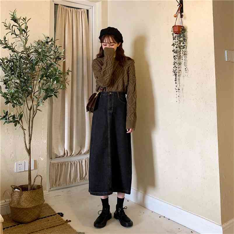 Women's Vintage High Waist Denim Skirt Autumn Winter New Korean Loose Wild A-line Mid-Calf Skirt Women's Long Skirt ML242 210412Z