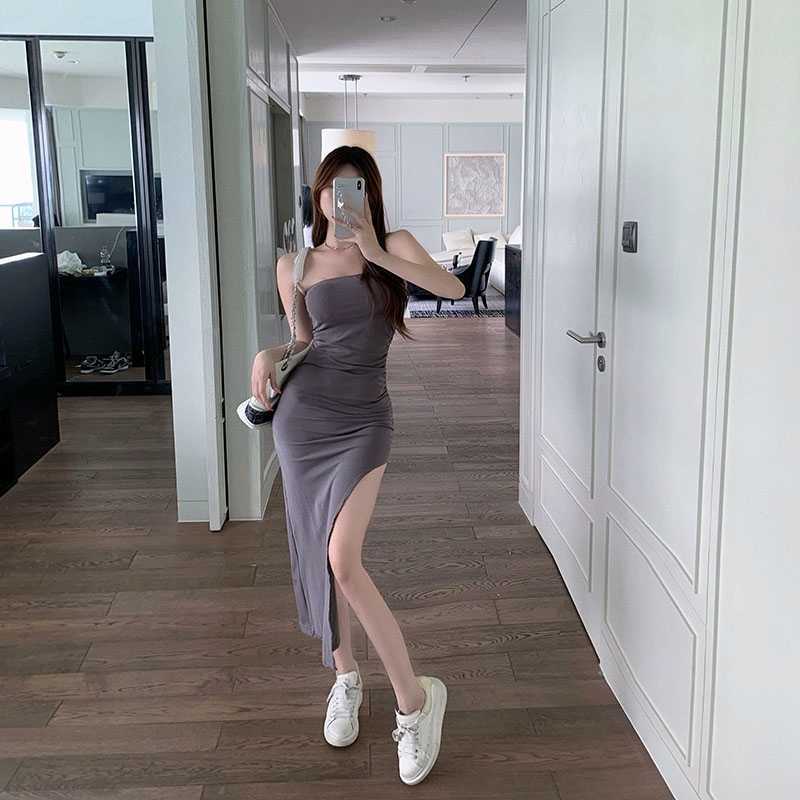 

Long Tube Top Slit Dress Feminine Sense Banquet Party Clothes Slim Bag Hip Solid Color Summer 210604, Gray
