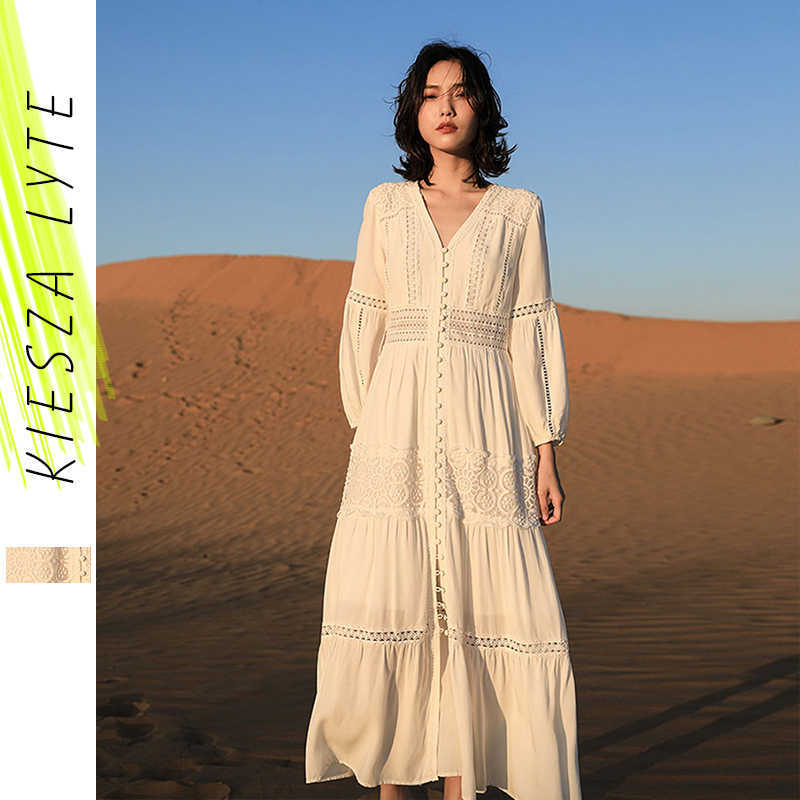 

Seaside holiday beach dress summer style V neck high waist long white hollow-out lace es 210608