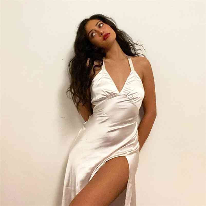 

Women White Satin Open Back Bandage High Split Dress Solid Color V-neck Slim Fashion Spring Summer 11B437 210525