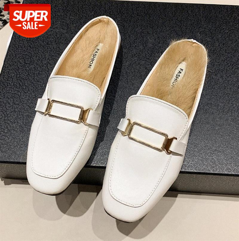 

Factory Korean version of square toe patent leather metal chain plush insole shoes Baotou half drag women's #L47K, Black