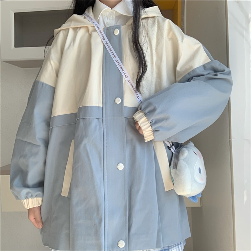 

Korean Fashion student Overalls Jacket Vintage Female Spring Autumn Women Hooded Loose Casual Jackets girls Coats 210519, Blue