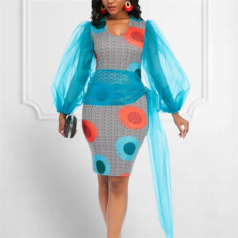 

Casual Dresses Sexy Bodycon Dress Printed Sunflower Mesh Sleeves Sashes Party Club Vestido Feminino 2021 African For Women, Sky blue