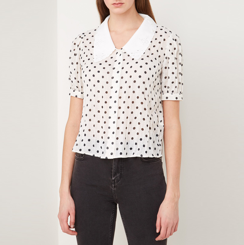 

2021 Spring Half Sleeve Lapel Neck White Polka Dot Print Embroidery Buttons Single-Breasted Blouse Women Fashion Shirt 21G1213018