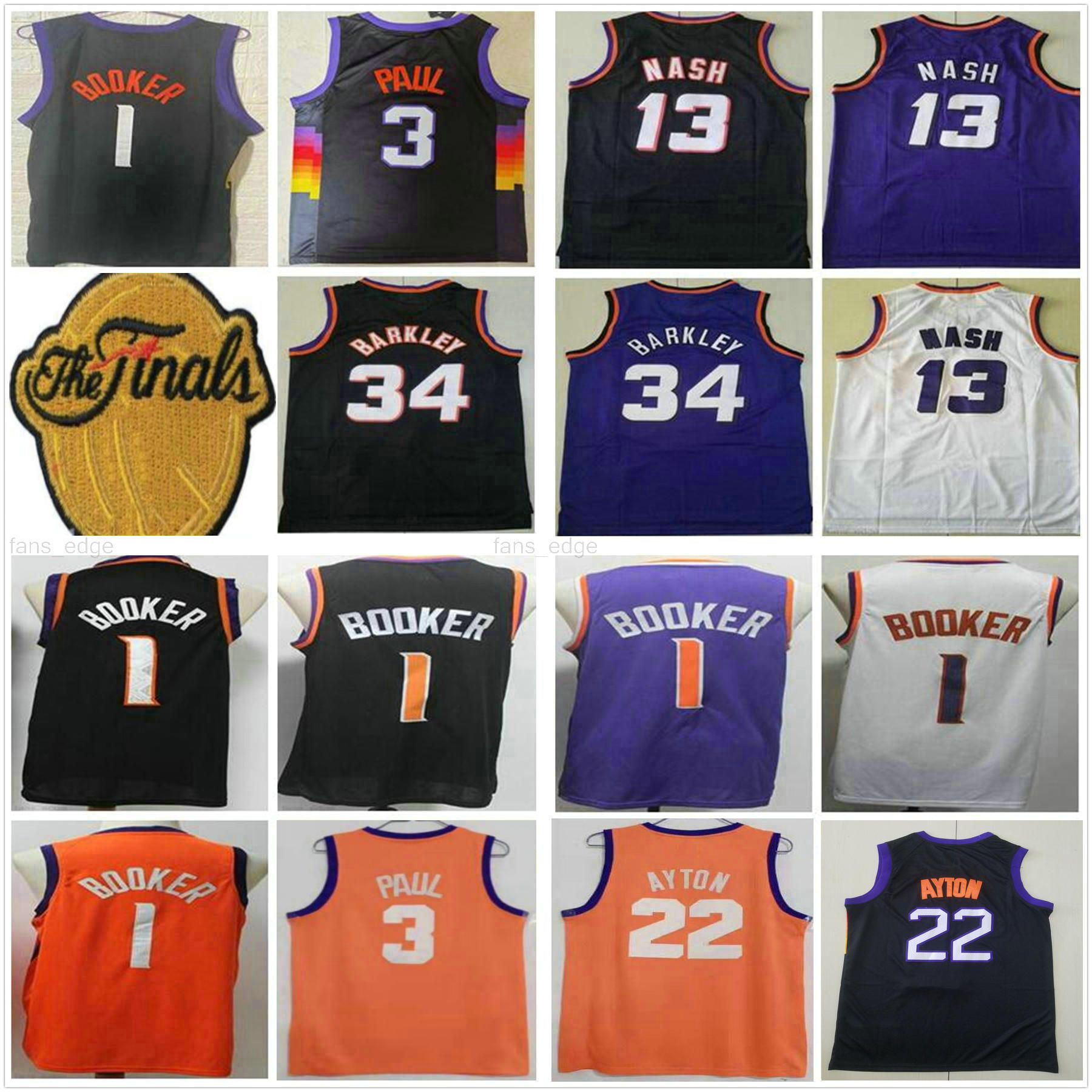 

2021 Finals Patch Devin 1 Booker Chris 3 Paul Basketball Jerseys Deandre 22 Ayton Retro Charles 34 Barkley Steve 13 Nash Purple Black White Shirt, As picture