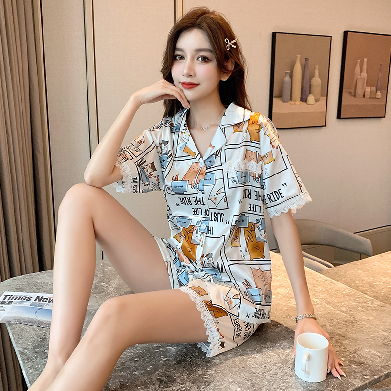 

Spring and summer ice silk pajamas women undergarments short-sleeved trousers two-piece ins student plus size home service