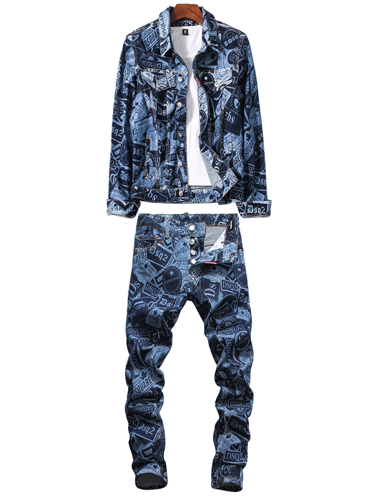 

Blue Tracksuits Letter Printed Men's 2 Piece Set Fashion Slim Nightclub Jeans Sets Long Sleeve Denim Jacket and Pants Personality Male Clothing, Gray