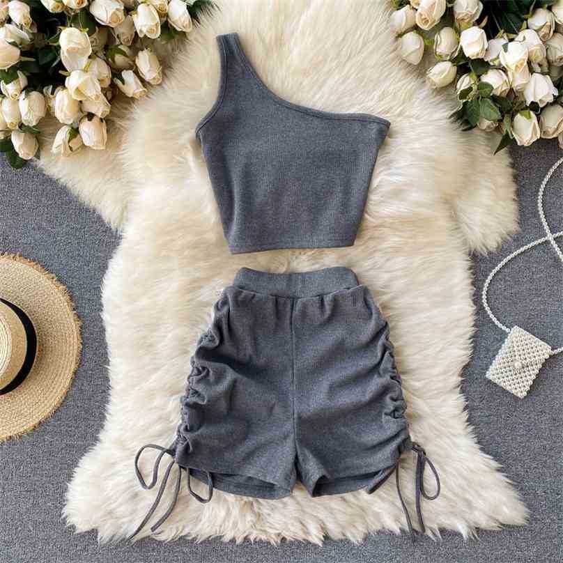 

Women Tracksuits Summer Fashion Sleeveless Irregular Crop Top Shorts Outfits Woman Slim Streetwear Bodycon Two Piece Sets 210525, Dark gray