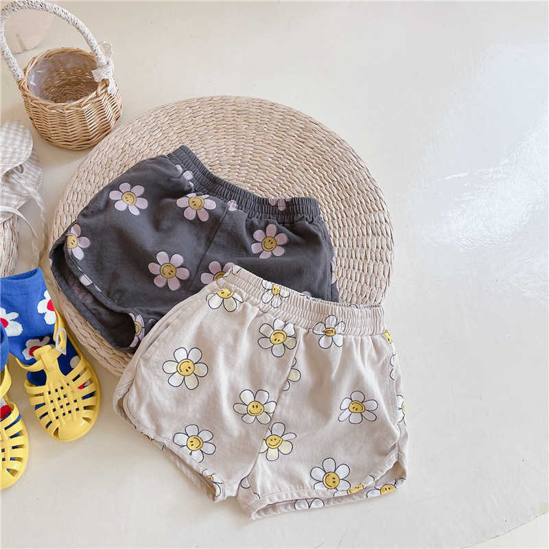 

Summer girls sun flower printing shorts 1-6 years children cotton casual all-match 210615, Dark gray
