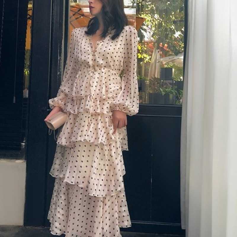 

Early Autumn Australia Vintage Gold Line Polka Dot Cake Ankle-Length Dress High Waist V-neck Ruffled Women 210525, Short-style