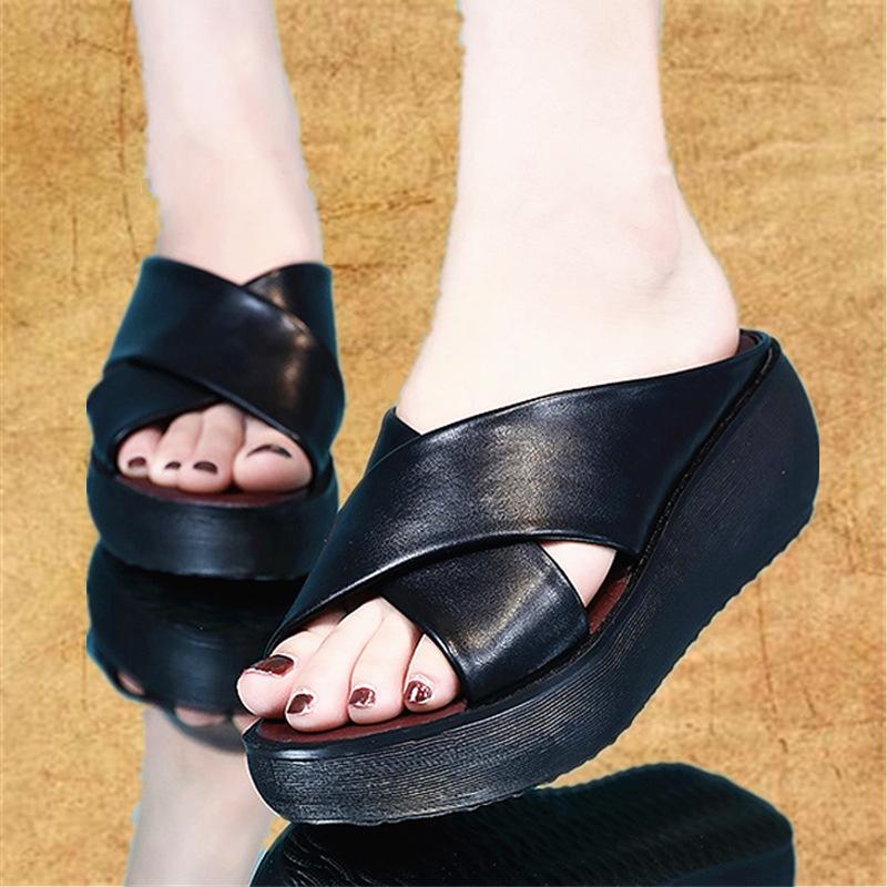 

Dress Shoes Platform Sandals Women Chunky Soft Leather Wedges Woman Summer Flat Casual Sandalie, Brown