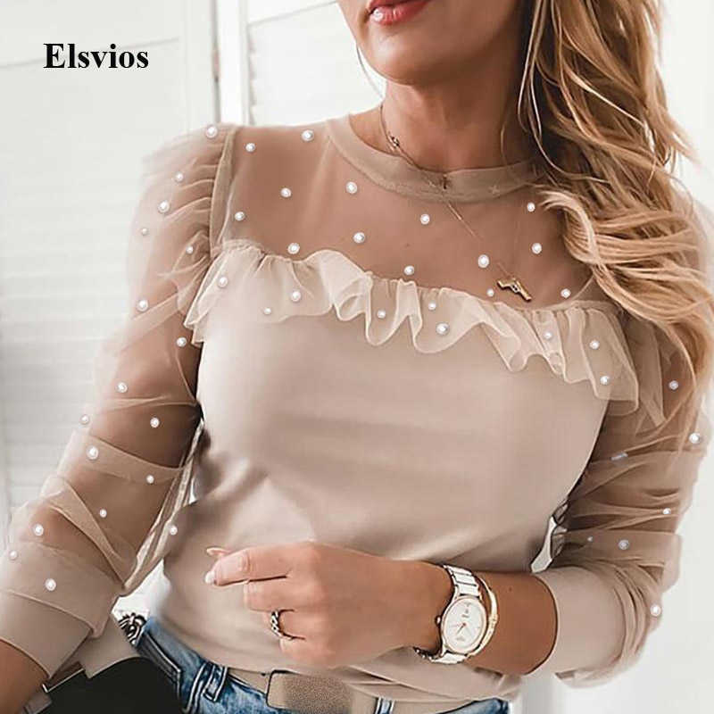 

Autumn Patchwork Beaded Sheer Mesh Blouse Sexy O Neck Hollow Out Women Shirt Blusa Elegant Ruffle Puff Long Sleeve Tops Pullover S0806, Mesh pink