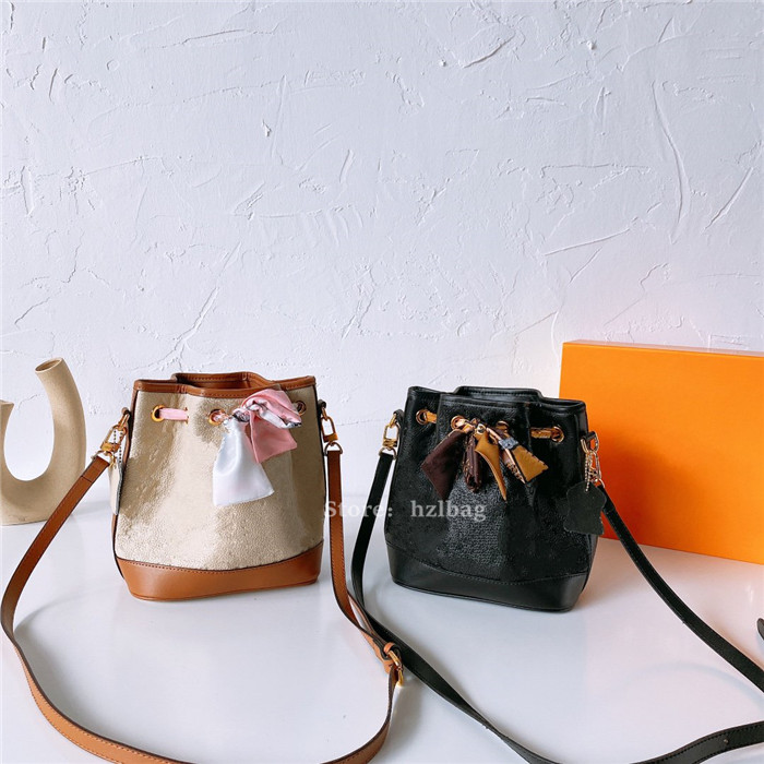 

Neonoe MM bucket bag Black Embossed cowhide leather Crossbody Personality scarf straps Drawstring Shoulder Bags Designers Womens Handbags Purses, Color 01