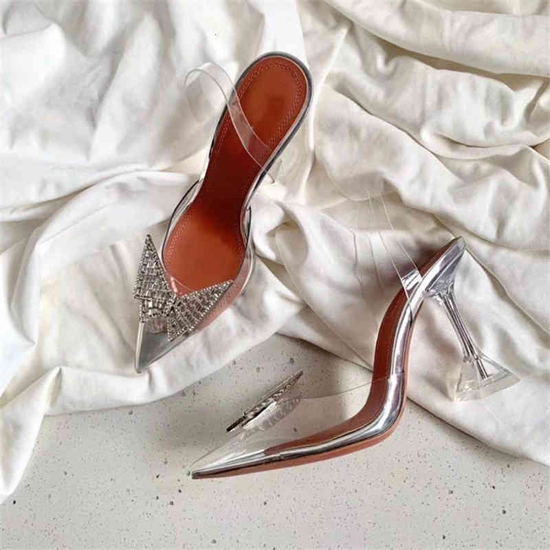 

Sandals spring ladies pointed high heels diamond buckle metal bow transparent decoration jelly shoes OCPD, 1# shoe box