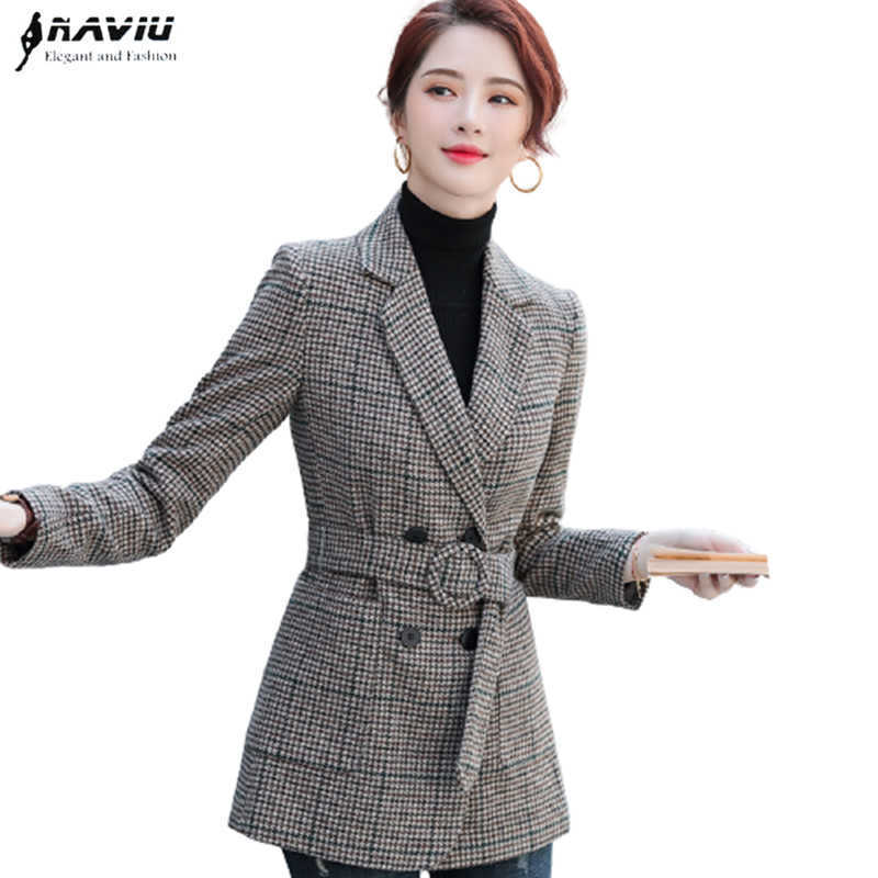 

Naviu Fashion Women Winter Blazer High Quality Thick Coat With Belt Office Lady Formal Tops 210604, Green plaid blazer