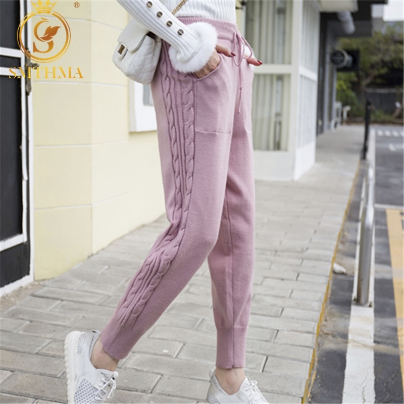 

Autumn And Winter Lace-up Elastic Women Trousers Side Twist Loose Pants Warm Thicken Stretchable Knitted Pantalones 210520, Photo color