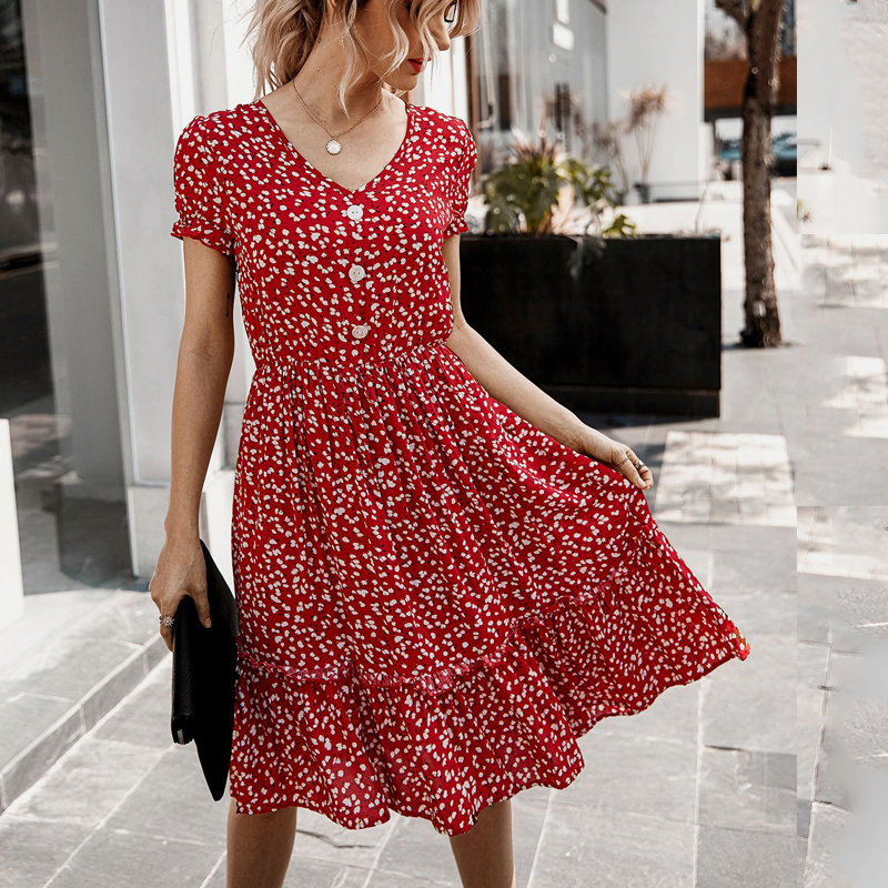 

2021 Summer Elegant Boho Floral Print Midi Dress Women V Neck Button Fashion Beach Ruffles Dresses Women Sundresses vestidos, Gold