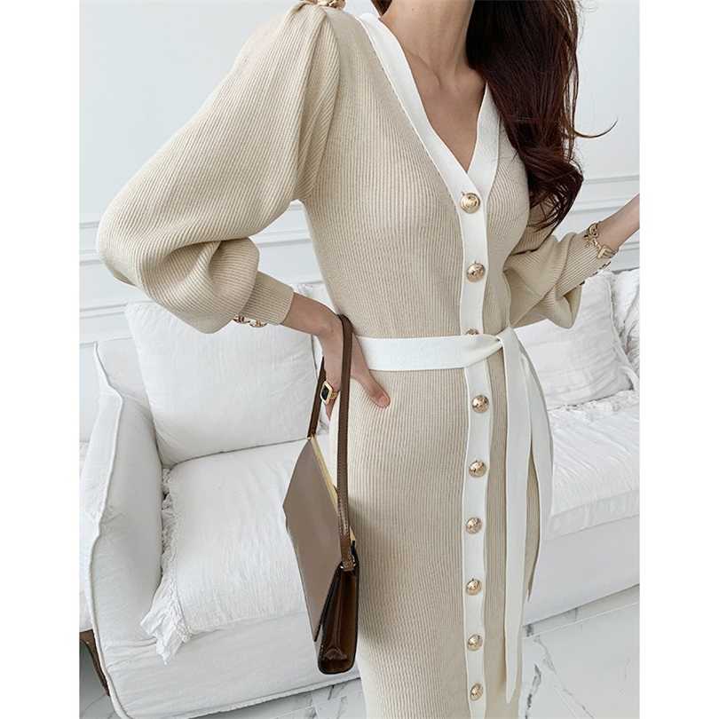 

Vintage Elegant Knitted Long Dress Female Evening Party V-neck Autumn Winter Office Lady Trend Sexy Sweater Dresse 211110, Black