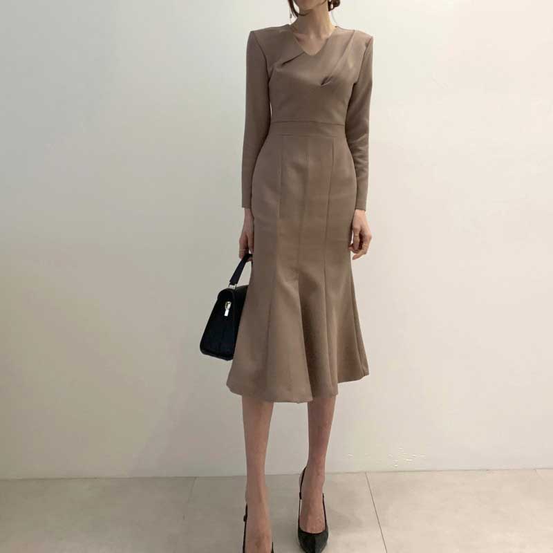 

woman one-piece long sleeve dress korean 2021 spring autumn vintage ruffled fishtail bag hip dresses ladies french elegant dress, Black;gray