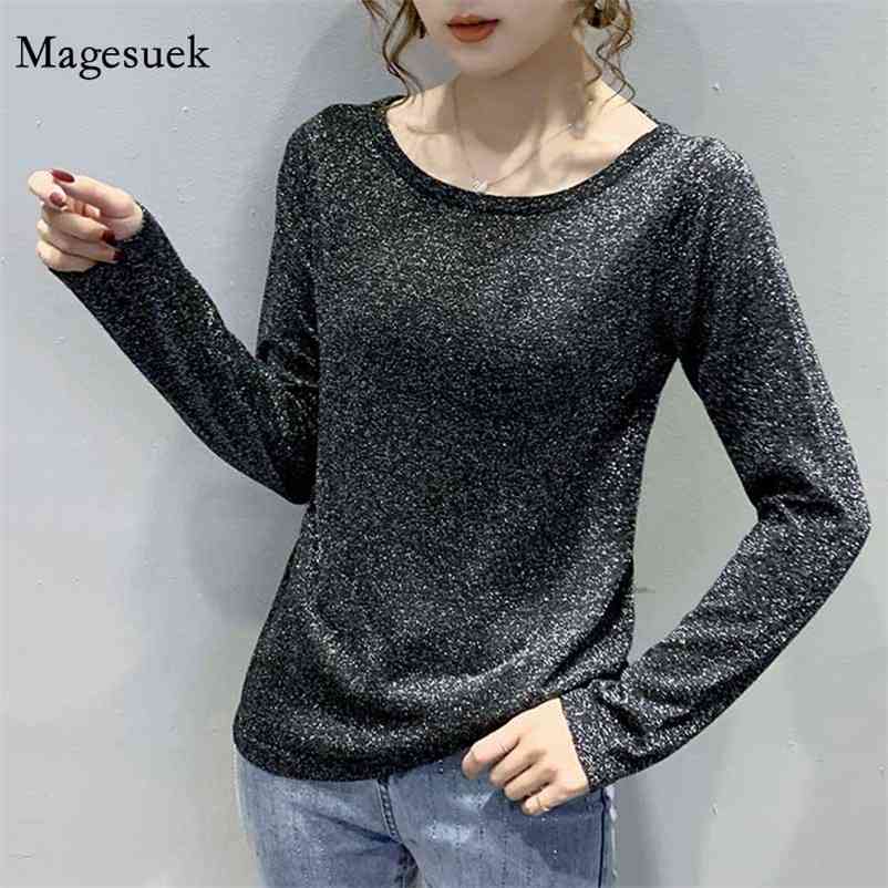 

Casual Long Sleeve O-neck Bright Yarn Korean Style Blouse Women Loose Pullover Autumn Shirts Blusas Mujer De Moda 11564 210518, Black