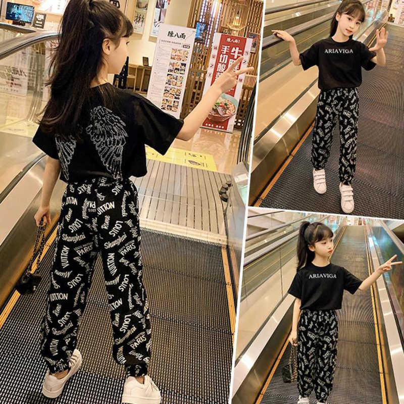 

Clothing Sets Summer Kid Girls Clothes Outfits Children Short Sleeve Wings Print Loose Tee Shirts + Pants 10 12 Years Old Casual Set, Black