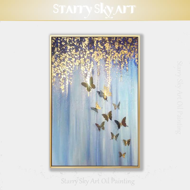 

Paintings Artist Hand-painted High Quality Abstract Gold Foil Animal Butterfly Oil Painting Insect Shining