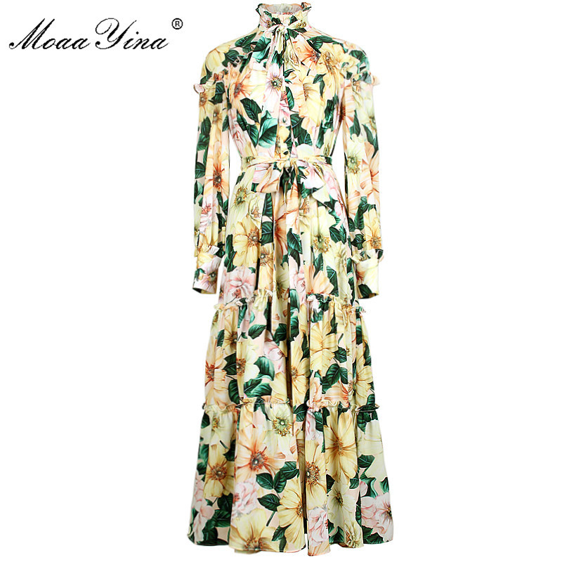 

Fashion Designer Dress Summer Women's dress Long sleeve Camellia Floral Print lace-up Vacation Dresses 210524, Multi