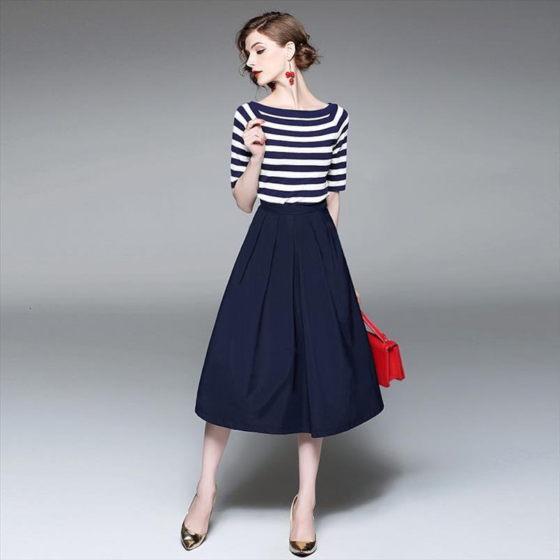 

suits stripe knitted t shirts women dress and skirts two piece sets a line skirt with pocket half sleeve, White
