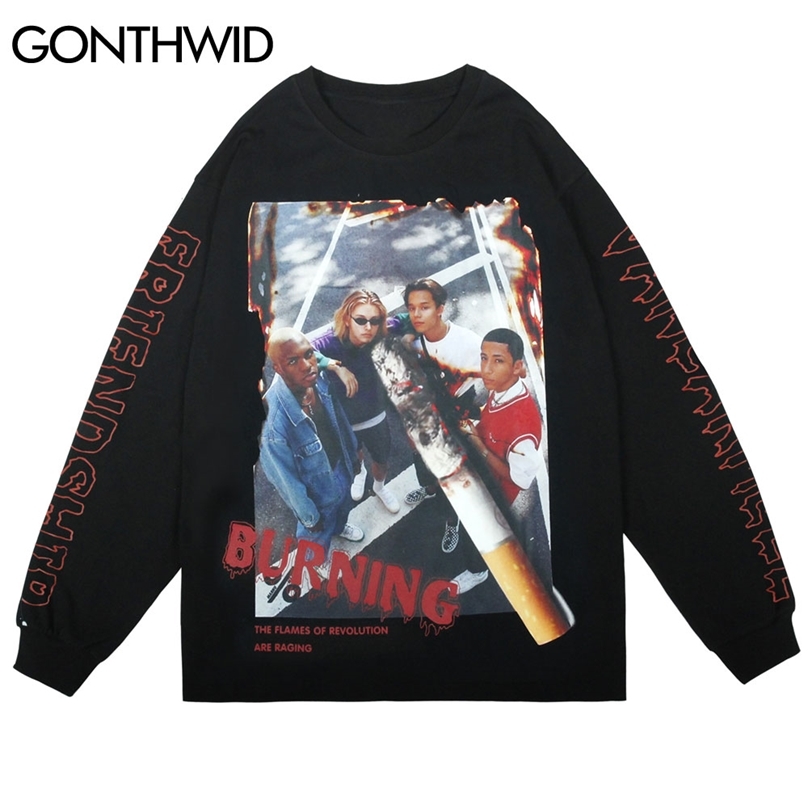 

Long Sleeve Tees Shirts Streetwear Hip Hop Casual Burning Posters Cigarette Print Tshirts Mens Harajuku Tops 210602, Black