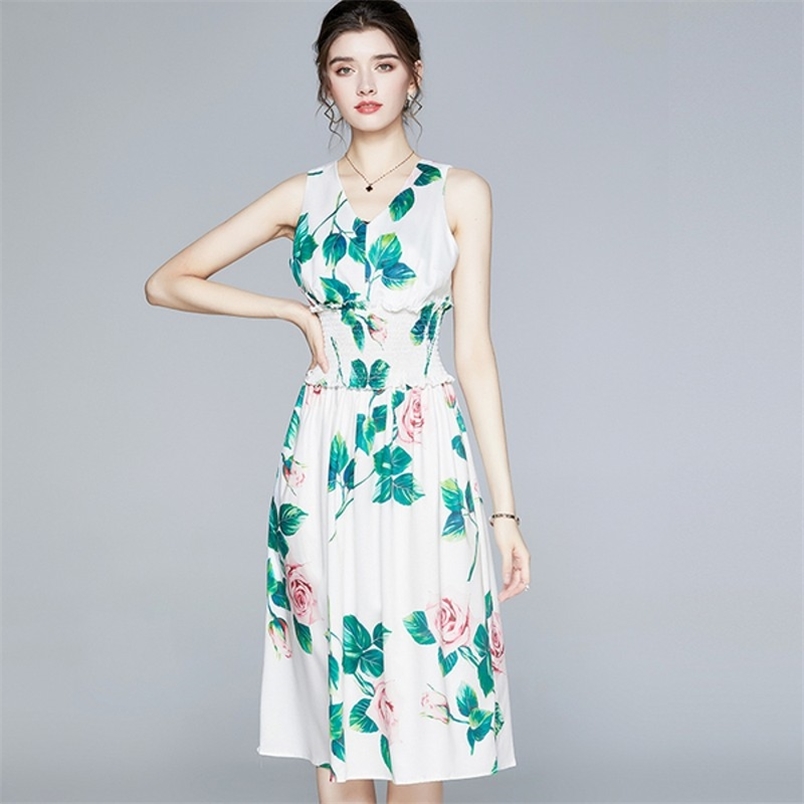 

Women Summer Rose Flowers Print Runway Dress Sexy V-Neck sleeveless High waist Midi party 210519, Picture color