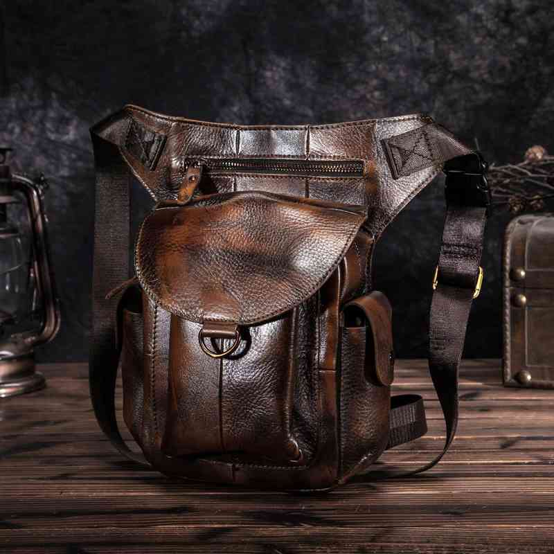 

genuine leather men design waist bag casual 8" tablet messenger sling multifunction fashion travel belt pack leg male 9938 g