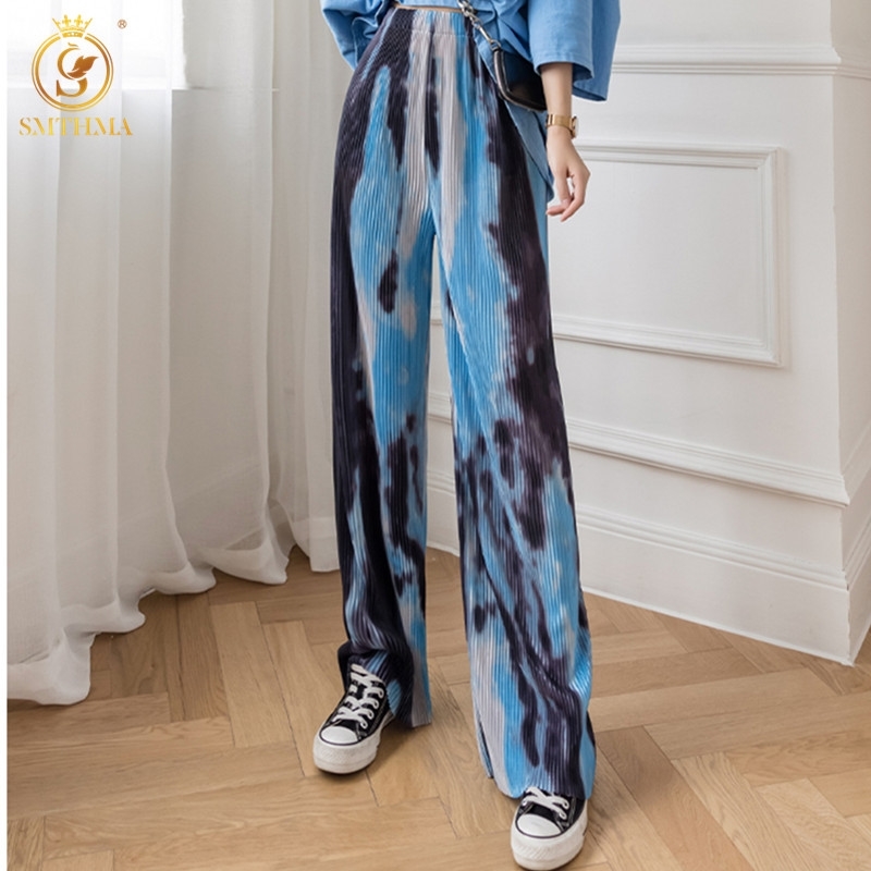 

Printing Dyeing Creasing Wide Leg Pants For Women Elastic Waist Hit Color Casual Loose Trouser Female Fashion Clothing 210520, Photo color