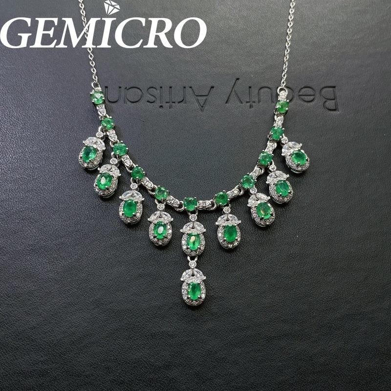 

Chains Gemicro Fine Jewelry Natural Emerald Necklace With Gemstone Of 3X4mm And Round 3mm S925 Sterling Silver As Daily Wear Gifts