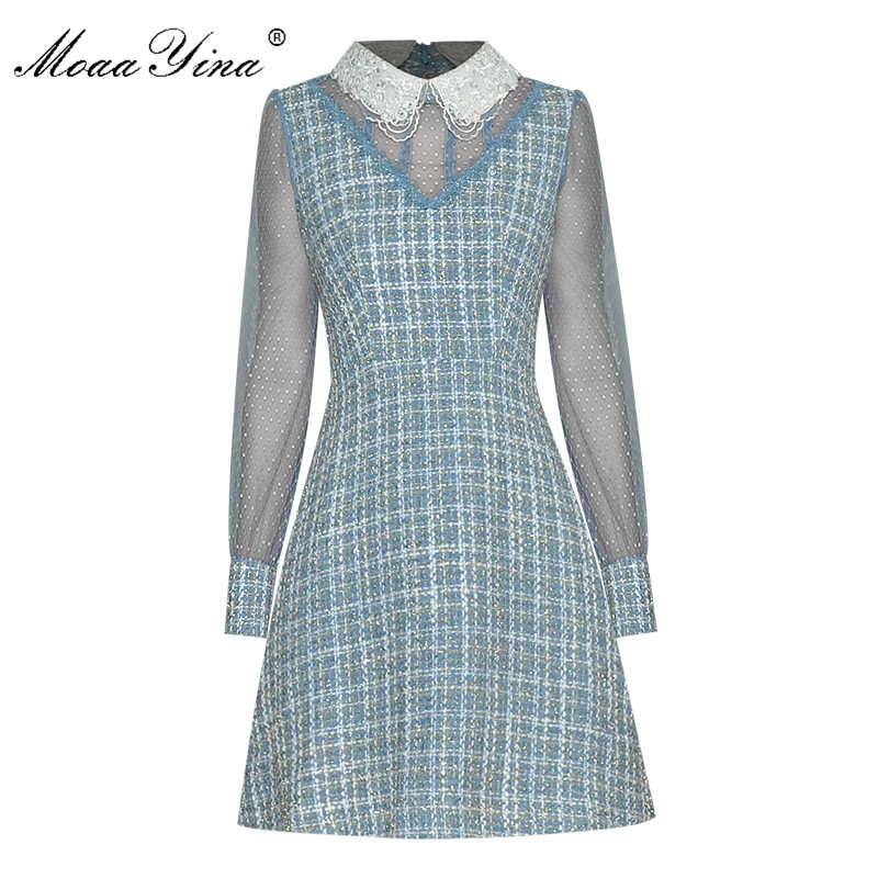 

Fashion Designer dress Spring Women' Dress Mesh Long sleeve Plaid England Style Elegant Dresses 210524, Sky blue