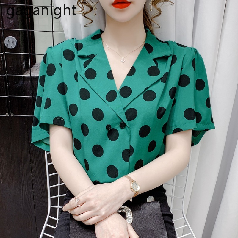 

Gaganight Summer Polka Dot Blouse Women Notched Collar Short Sleeve Shirts Elegant Office Ladies Casual Tops Plus Size 210519, Green