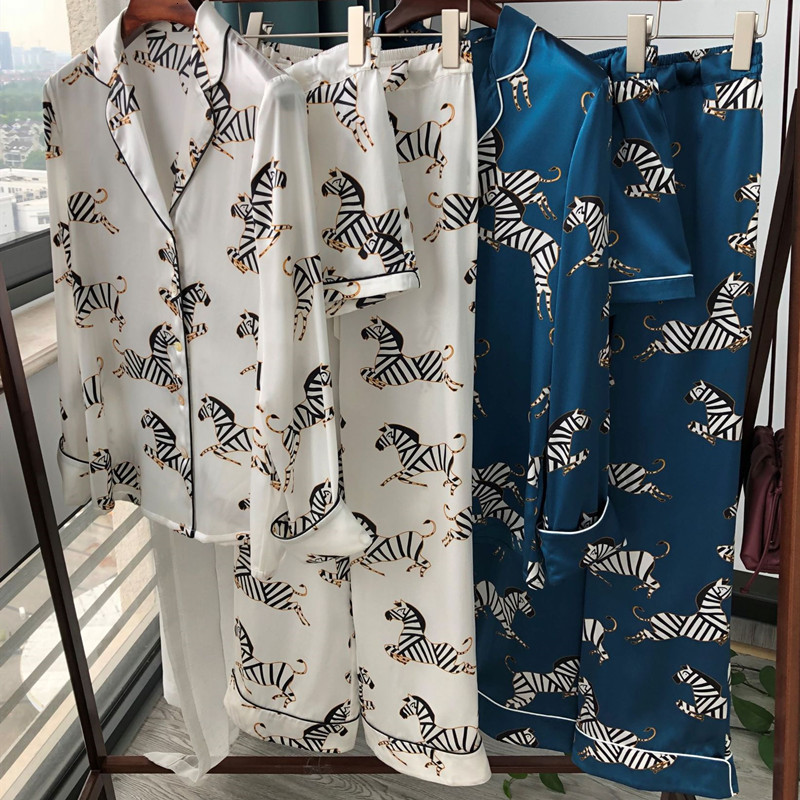 tracksuits Women's Pants Shorts Blouse 100% Silk Zebra Printed Pajamas Lace-up Trousers Long Sleeve V-neck Single Breasted Tops