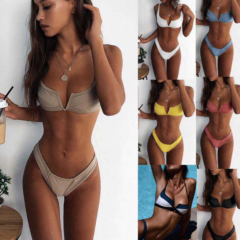 

Solid color V Shape Bikini Women Bra Bikini Set Low Waist Bathing Suit Women Swimwear Swimsuit Female 210629, Blue